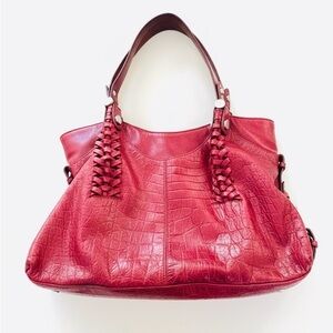 B. Makowsky Red 100% Genuine Leather Croc Print Shoulder Bag